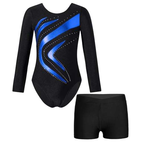 Alvivi Kinder Mädchen Turnanzug Gymnastikanzug Langarm Tanzbody mit Shorts Glitzer Ballettanzug Ballett Trikot Leotard Fitness Sport Training Wettkampf H Royal Blau 122-128 von Alvivi