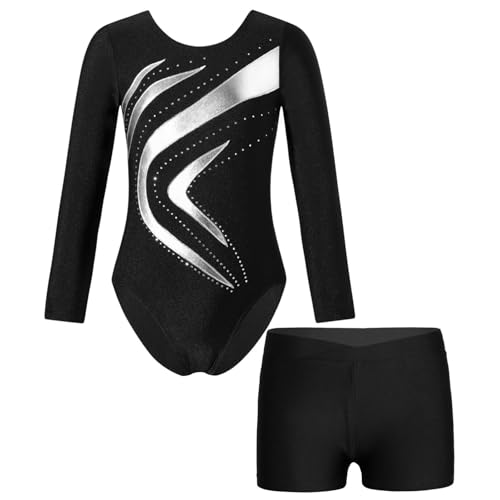 Alvivi Kinder Mädchen Turnanzug Gymnastikanzug Langarm Tanzbody mit Shorts Glitzer Ballettanzug Ballett Trikot Leotard Fitness Sport Training Wettkampf H Silber 110-116 von Alvivi