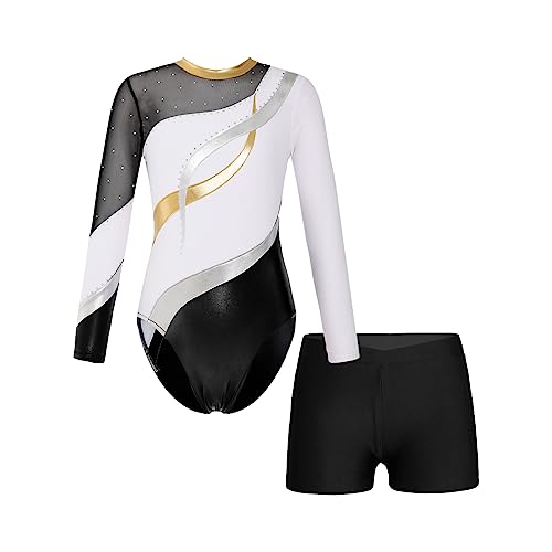 Alvivi Kinder Mädchen Turnanzug Gymnastikanzug Langarm Tanzbody mit Shorts Glitzer Ballettanzug Ballett Trikot Leotard Fitness Sport Training Wettkampf I Weiß 122-128 von Alvivi