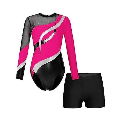 Alvivi Kinder Mädchen Turnanzug Gymnastikanzug Langarm Tanzbody mit Shorts Glitzer Ballettanzug Ballett Trikot Leotard Fitness Sport Training Wettkampf Ia Dunkel Rosa 122-128 von Alvivi