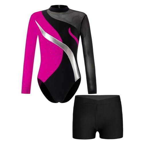 Alvivi Kinder Mädchen Turnanzug Gymnastikanzug Langarm Tanzbody mit Shorts Glitzer Ballettanzug Ballett Trikot Leotard Fitness Sport Training Wettkampf J Dunkel Rosa&Schwarz 146-152 von Alvivi