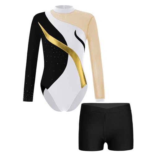 Alvivi Kinder Mädchen Turnanzug Gymnastikanzug Langarm Tanzbody mit Shorts Glitzer Ballettanzug Ballett Trikot Leotard Fitness Sport Training Wettkampf J Gold&Schwarz 134-140 von Alvivi