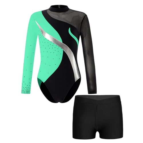 Alvivi Kinder Mädchen Turnanzug Gymnastikanzug Langarm Tanzbody mit Shorts Glitzer Ballettanzug Ballett Trikot Leotard Fitness Sport Training Wettkampf J Minzgrün&Schwarz 146-152 von Alvivi