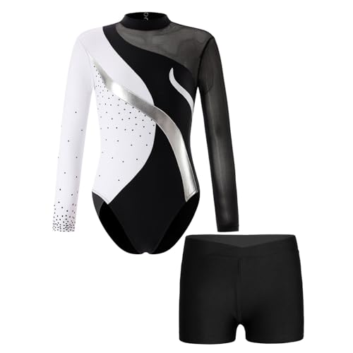 Alvivi Kinder Mädchen Turnanzug Gymnastikanzug Langarm Tanzbody mit Shorts Glitzer Ballettanzug Ballett Trikot Leotard Fitness Sport Training Wettkampf J Silber&Schwarz 134-140 von Alvivi