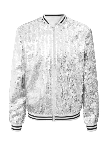 Alvivi Kinder Pailletten Jacke Jungen Mädchen Glitzer Baseball Jacke Langarm Sweatjacke Mantel Jazz Hip Hop Disco Party Tanzkostüm Silber 170-176 von Alvivi