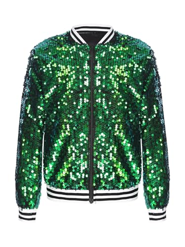 Alvivi Kinder Pailletten Jacke Jungen Mädchen Glitzer Baseball Jacke Langarm Sweatjacke Mantel Jazz Hip Hop Disco Party Tanzkostüm Grün 110-116 von Alvivi