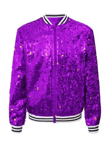 Alvivi Kinder Pailletten Jacke Jungen Mädchen Glitzer Baseball Jacke Langarm Sweatjacke Mantel Jazz Hip Hop Disco Party Tanzkostüm A Lila 110-116 von Alvivi