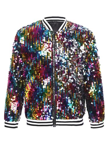 Alvivi Kinder Pailletten Jacke Jungen Mädchen Glitzer Baseball Jacke Langarm Sweatjacke Mantel Jazz Hip Hop Disco Party Tanzkostüm Mehrfarbig 146-152 von Alvivi