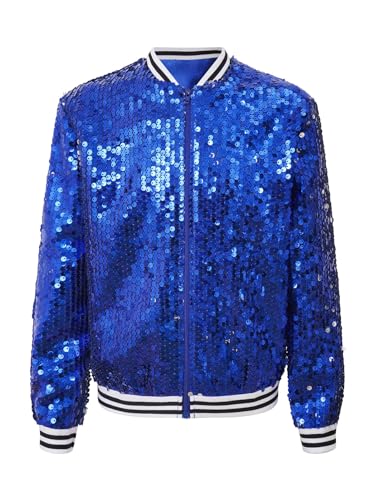 Alvivi Kinder Pailletten Jacke Jungen Mädchen Glitzer Baseball Jacke Langarm Sweatjacke Mantel Jazz Hip Hop Disco Party Tanzkostüm A Royal Blau 110-116 von Alvivi