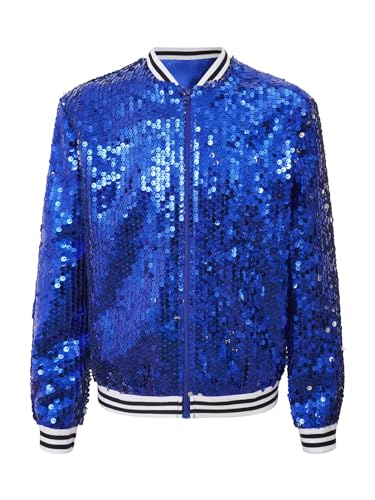 Alvivi Kinder Pailletten Jacke Jungen Mädchen Glitzer Baseball Jacke Langarm Sweatjacke Mantel Jazz Hip Hop Disco Party Tanzkostüm Royal Blau 146-152 von Alvivi