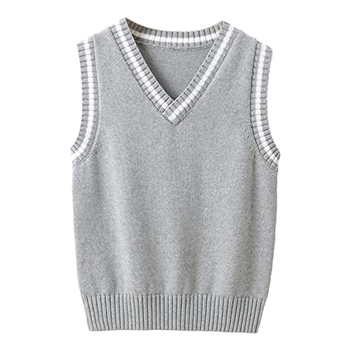 Alvivi Kinder Strickweste Jungen Mädchen Pullunder Gestrickte Weste Ärmellos V-Ausschnitt Strickweste Weste Tops Strickpullover A Grau 122-128 von Alvivi