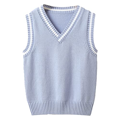 Alvivi Kinder Strickweste Jungen Mädchen Pullunder Gestrickte Weste Ärmellos V-Ausschnitt Strickweste Weste Tops Strickpullover Aa Hell Blau 134-140 von Alvivi