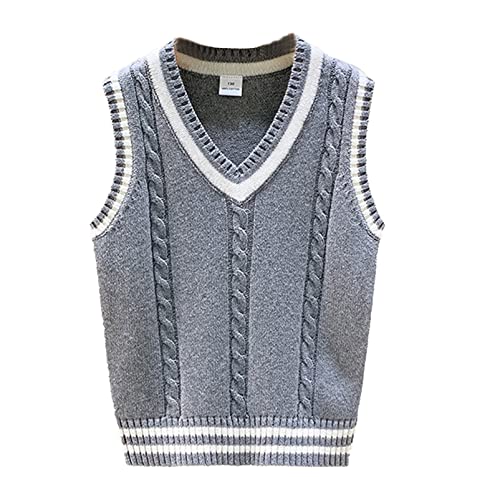 Alvivi Kinder Strickweste Jungen Mädchen Pullunder Gestrickte Weste Ärmellos V-Ausschnitt Strickweste Weste Tops Strickpullover B Grau 122-128 von Alvivi