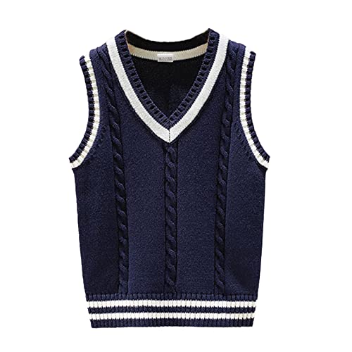 Alvivi Kinder Strickweste Jungen Mädchen Pullunder Gestrickte Weste Ärmellos V-Ausschnitt Strickweste Weste Tops Strickpullover B Marine Blau 134-140 von Alvivi