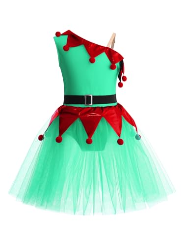 Alvivi Kinder Weihnachten Kleid Mädchen Weihnachtskostüm Elfen Kleid mit Tüllrock Weihnachtself Kostüm Ballerina Latein Tanzkleid Grün 134-140 von Alvivi