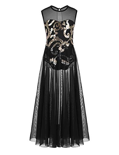 Alvivi Mädchen Ärmellos Elegent Tanzkeider Ballettkleid mit Lang Chiffon Rock Mesh Sequins Kleider in China Stil Ballettanzug Tanzkleid Schwarz 164 von Alvivi