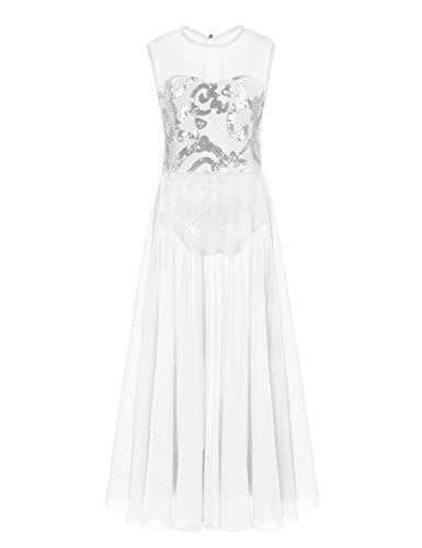 Alvivi Mädchen Ärmellos Elegent Tanzkeider Ballettkleid mit Lang Chiffon Rock Mesh Sequins Kleider in China Stil Ballettanzug Tanzkleid Weiß 140 von Alvivi