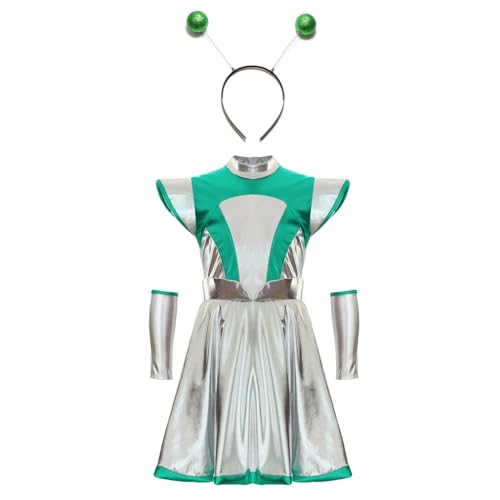 Alvivi Mädchen Alien Kostüm Metallic Space Girl Kleid mit Haarreif Armstulpen Glänzend Tanzkleid Astronaut Kostüm Halloween Karneval Fasching Tanzkostüm Grün 134-140 von Alvivi