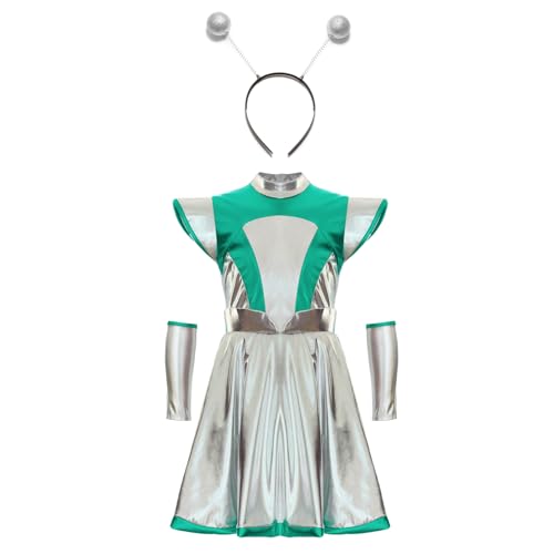Alvivi Mädchen Alien Kostüm Metallic Space Girl Kleid mit Haarreif Armstulpen Glänzend Tanzkleid Astronaut Kostüm Halloween Karneval Fasching Tanzkostüm Grün Silber 134-140 von Alvivi
