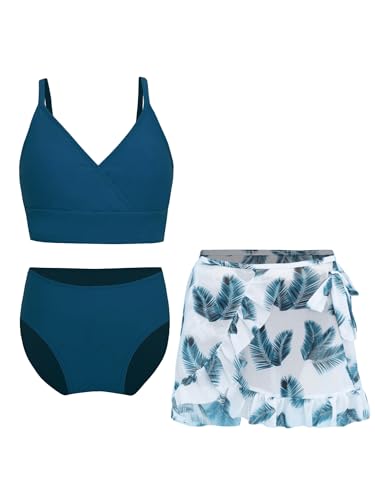 Alvivi Mädchen Badeanzug Bademode 3 Teilig Blumen Druck Bikini Set mit Rock Sommer Strand Schwimmanzug Badebekleidung B Marine Blau 128-134 von Alvivi