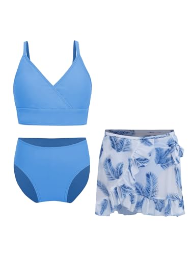 Alvivi Mädchen Badeanzug Bademode 3 Teilig Blumen Druck Bikini Set mit Rock Sommer Strand Schwimmanzug Badebekleidung B Staubiges Blau 170-176 von Alvivi