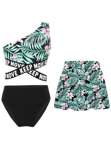 Alvivi Mädchen Badeanzug Bademode 3 Teilig Blumen Druck Bikini Set mit Rock Sommer Strand Schwimmanzug Badebekleidung A Schwarz 134-140 von Alvivi