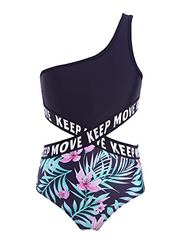 Alvivi Mädchen Badeanzug Bademode Einteiler Bikini Tankini mit Blumen Druck Kinder Sommer Schwimmanzug Badebekleidung Gr.98-176 A Schwarz&Grün B 134-140 von Alvivi