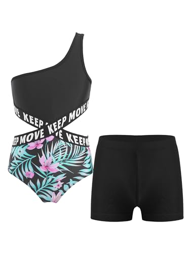 Alvivi Mädchen Badeanzug Bademode Einteiler Bikini Tankini mit Blumen Druck Kinder Sommer Schwimmanzug Badebekleidung Gr.98-176 F Grün&Schwarz A 146-152 von Alvivi