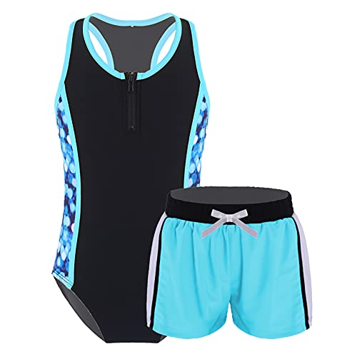 Alvivi Mädchen Badeanzug Bademode Einteiler Bikini Tankini mit Druck Shorts Kinder Sommer Schwimmanzug Badebekleidung Gr.98-176 Aa Blau mit Shorts 158-164 von Alvivi