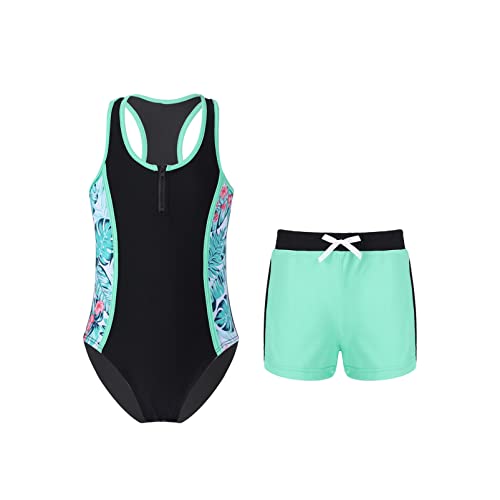 Alvivi Mädchen Badeanzug Bademode Einteiler Bikini Tankini mit Druck Shorts Kinder Sommer Schwimmanzug Badebekleidung Gr.98-176 Aa Palme mit Short 146-152 von Alvivi