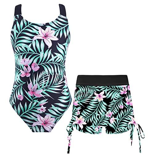 Alvivi Mädchen Badeanzug Bademode Einteiler Bikini Tankini mit Druck Shorts Kinder Sommer Schwimmanzug Badebekleidung Gr.98-176 A Schwarz 170-176 von Alvivi