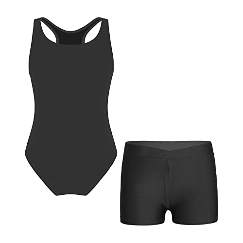 Alvivi Mädchen Badeanzug Bademode Einteiler Bikini Tankini mit Druck Shorts Kinder Sommer Schwimmanzug Badebekleidung Gr.98-176 F Schwarz 134-140 von Alvivi