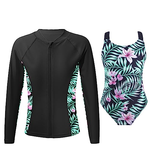 Alvivi Mädchen Bikini Tankini Set Blumen Druck Badeanzug Einteiler Bademode + Rashguard UV Schutz Badebekleidung Sommer Schwimmanzug K Schwarz 170-176 von Alvivi