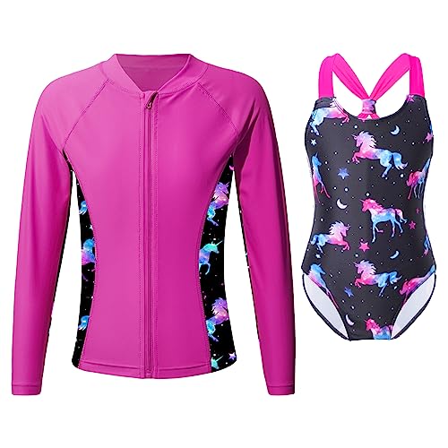 Alvivi Mädchen Bikini Tankini Set Blumen Druck Badeanzug Einteiler Bademode + Rashguard UV Schutz Badebekleidung Sommer Schwimmanzug Ka Dunkel Rosa 134-140 von Alvivi