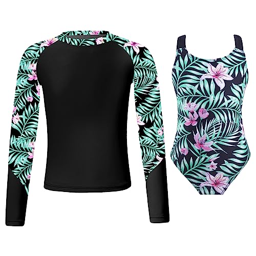 Alvivi Mädchen Bikini Tankini Set Blumen Druck Badeanzug Einteiler Bademode + Rashguard UV Schutz Badebekleidung Sommer Schwimmanzug Kb Lilie 158-164 von Alvivi