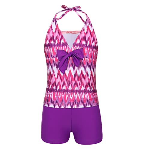 Alvivi Mädchen Bikini Badeanzug Zweiteiler Bademode Tankini Set Bunt Druck Neckholder Tops mit Short Kinder Sommer Schwimmanzug Gr.110-176 A Lila Streifen A 170-176 von Alvivi