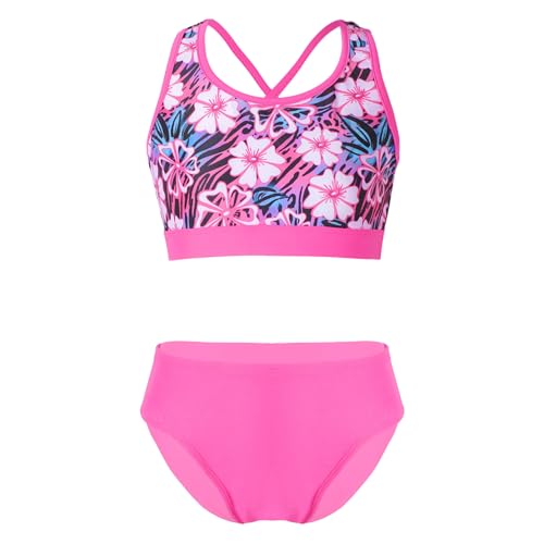 Alvivi Mädchen Bikini Set Sommer Badeanzug Zweiteiler Bademode Blumen Druck Bikini Tops mit Slip Hawaii Bikini Strandmode Badebekleidung C Rosenrot B 134-140 von Alvivi