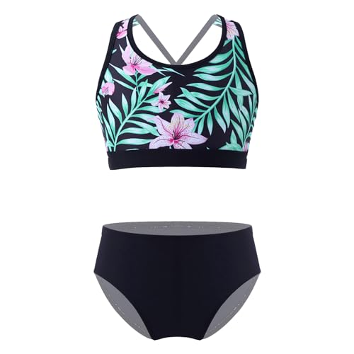 Alvivi Mädchen Bikini Set Sommer Badeanzug Zweiteiler Bademode Blumen Druck Bikini Tops mit Slip Hawaii Bikini Strandmode Badebekleidung C Schwarze Lilie A 146-152 von Alvivi