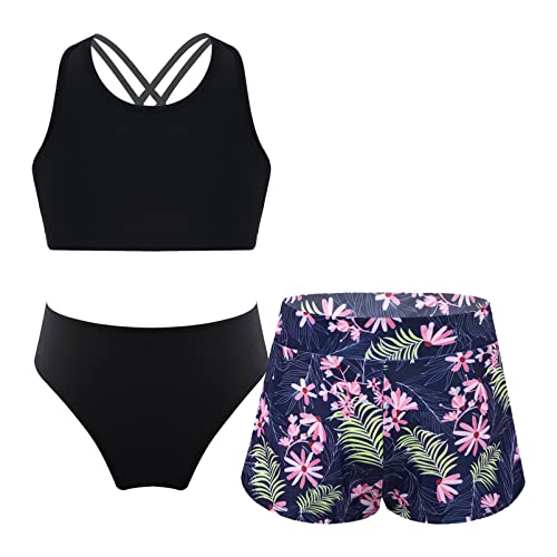 Alvivi Mädchen Bikini Tankini Set 3tlg.Tank Top+Shorts Slip Dreiteiliger Badeanzug Bademode Kinder Badebekleidung Schwimmanzug Sport Set Gr.98-176 Aa Blumen 134-140 von Alvivi