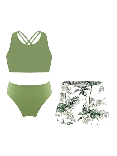 Alvivi Mädchen Bikini Tankini Set 3tlg.Tank Top+Shorts Slip Dreiteiliger Badeanzug Bademode Kinder Badebekleidung Schwimmanzug Sport Set Gr.98-176 Aa Grün Kokosnussbaum 170-176 von Alvivi