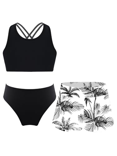 Alvivi Mädchen Bikini Tankini Set 3tlg.Tank Top+Shorts Slip Dreiteiliger Badeanzug Bademode Kinder Badebekleidung Schwimmanzug Sport Set Gr.98-176 Aa Schwarz Kokosnussbaum 146-152 von Alvivi