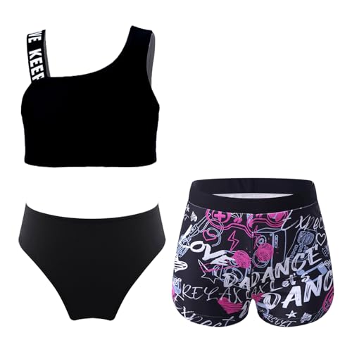 Alvivi Mädchen Bikini Tankini Set 3tlg.Tank Top+Shorts Slip Dreiteiliger Badeanzug Bademode Kinder Badebekleidung Schwimmanzug Sport Set Gr.98-176 J Schwarz 122-128 von Alvivi