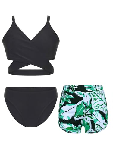 Alvivi Mädchen Bikini Tankini Set 3tlg.Tank Top+Shorts Slip Dreiteiliger Badeanzug Bademode Kinder Badebekleidung Schwimmanzug Sport Set Gr.98-176 X Grünes Blatt 152-158 von Alvivi