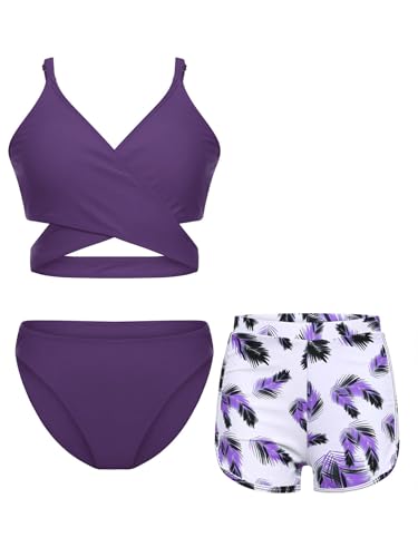 Alvivi Mädchen Bikini Tankini Set 3tlg.Tank Top+Shorts Slip Dreiteiliger Badeanzug Bademode Kinder Badebekleidung Schwimmanzug Sport Set Gr.98-176 X Lila 158-164 von Alvivi