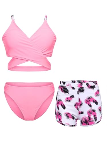 Alvivi Mädchen Bikini Tankini Set 3tlg.Tank Top+Shorts Slip Dreiteiliger Badeanzug Bademode Kinder Badebekleidung Schwimmanzug Sport Set Gr.98-176 X Rosa 158-164 von Alvivi