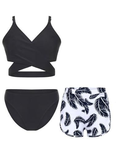 Alvivi Mädchen Bikini Tankini Set 3tlg.Tank Top+Shorts Slip Dreiteiliger Badeanzug Bademode Kinder Badebekleidung Schwimmanzug Sport Set Gr.98-176 X Schwarz 152-158 von Alvivi