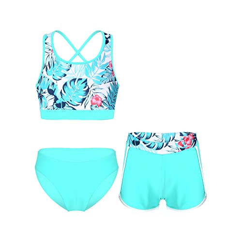 Alvivi Mädchen Bikini Tankini Set Blumen Druck Badeanzug Dreiteiliger Bademode Sport Tank Top +Shorts + Bikinislip Schwimmanzug Badebekleidung Ax Grün 170-176 von Alvivi