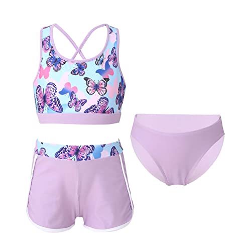 Alvivi Mädchen Bikini Tankini Set Blumen Druck Badeanzug Dreiteiliger Bademode Sport Tank Top +Shorts + Bikinislip Schwimmanzug Badebekleidung Ax Lila 134-140 von Alvivi