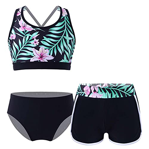 Alvivi Mädchen Bikini Tankini Set Blumen Druck Badeanzug Dreiteiliger Bademode Sport Tank Top +Shorts + Bikinislip Schwimmanzug Badebekleidung Ax Schwarz Grün 122-128 von Alvivi