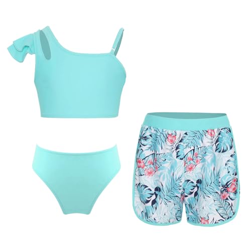 Alvivi Mädchen Bikini Tankini Set Blumen Druck Badeanzug Dreiteiliger Bademode Sport Tank Top +Shorts + Bikinislip Schwimmanzug Badebekleidung Cz Hellgrün 134-140 von Alvivi